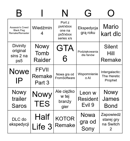 Game Awards 2025 Bingo Card