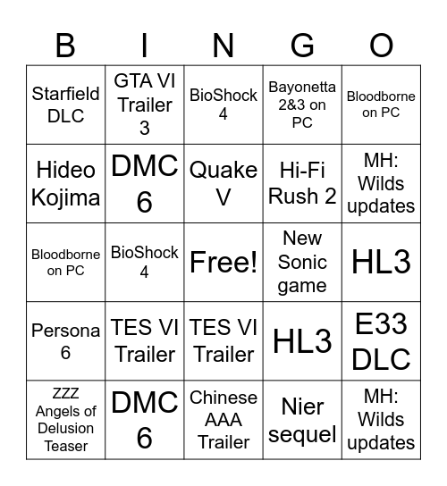 TGA 2025 Bingo Card