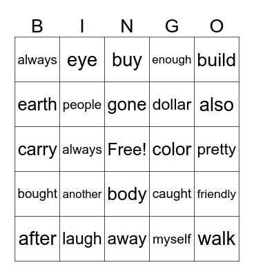 1B and 2B Tricky Words Bingo Card