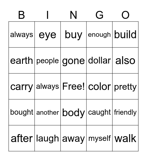 1B and 2B Tricky Words Bingo Card
