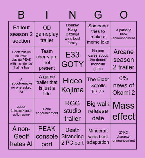 The binGAwards Bingo Card