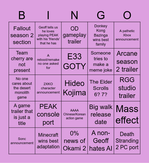 The binGAwards Bingo Card