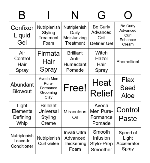 Aveda Hair Styling Finish Bingo Card