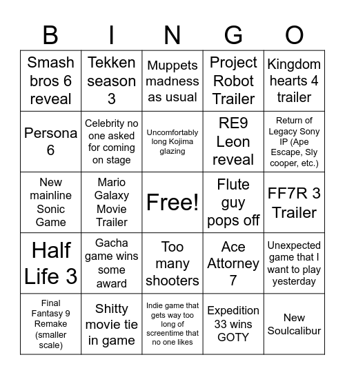 Game Awards Bingo Card