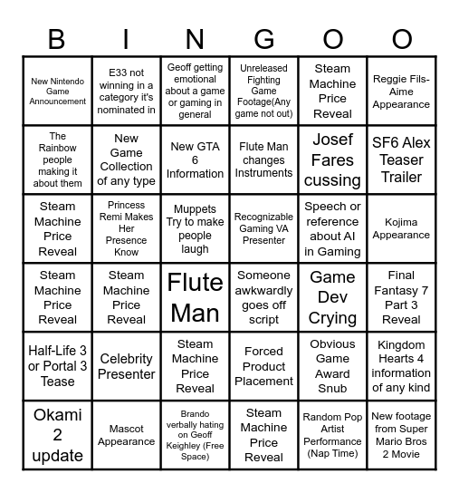 Game Awards Bingo Card
