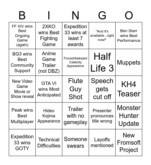 Game Awards 2025 Bingo Card