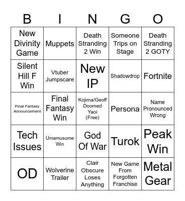 Game Awards 2025 Bingo Card