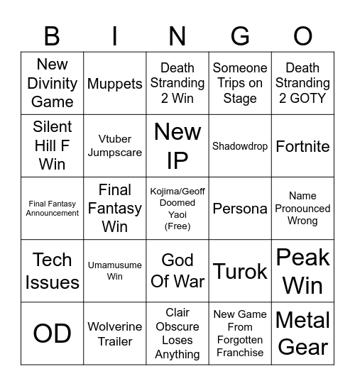 Game Awards 2025 Bingo Card