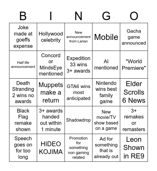 TGA 2025 Bingo Card