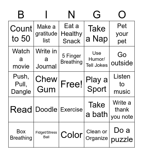 Coping Skills Bingo Card