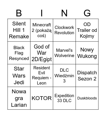 The Game Awards Bingo Card
