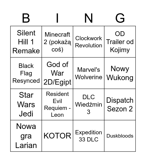 The Game Awards Bingo Card