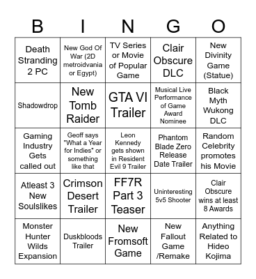 Game Awards 2025 Bingo Card