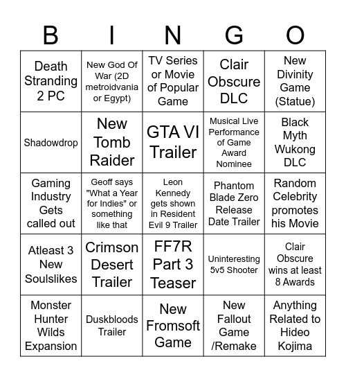 Game Awards 2025 Bingo Card