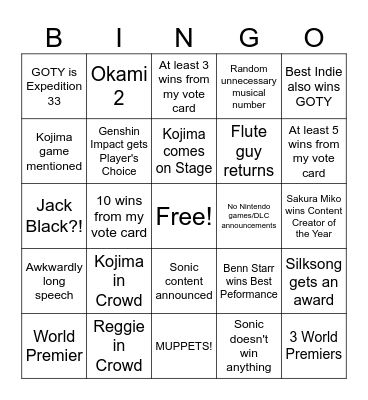 Game Awards Bingo Card