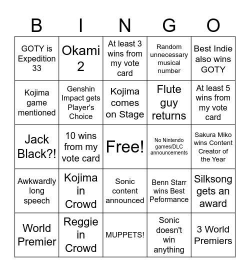 Game Awards Bingo Card