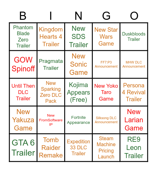 Game Awards Bingo Card