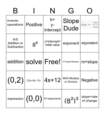 Vocabulary and Answers Mathematic BINGO Card