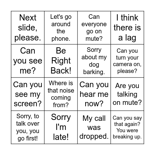 online meetings Bingo Card