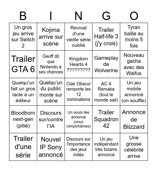 Bingo des Game Award LABC Bingo Card