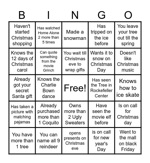 Christmas Admissions Bingo Card