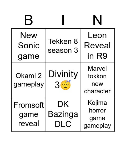 Game Awards 2025 Bingo Card