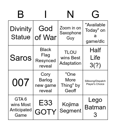TGA 2025 Bingo Card