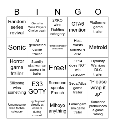 Game Awards 2025 Bingo Card