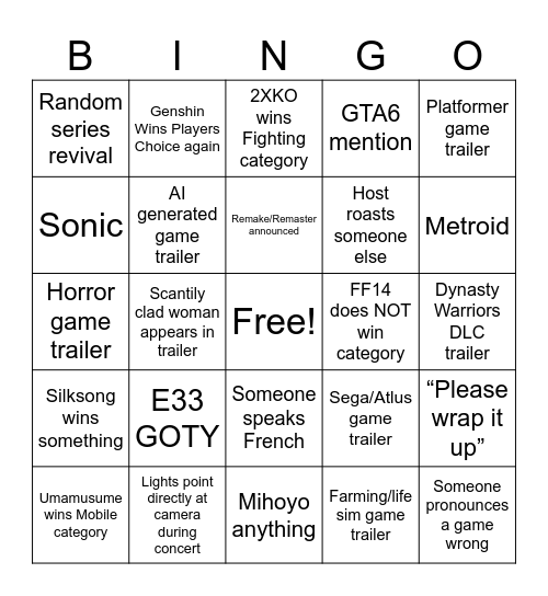 Game Awards 2025 Bingo Card