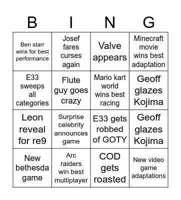 TGA Bingo Card