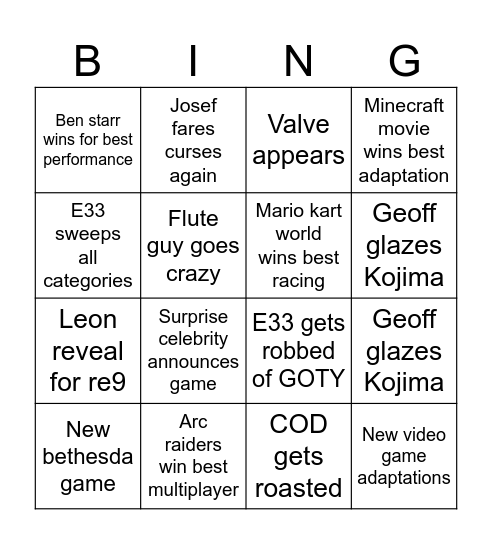 TGA Bingo Card