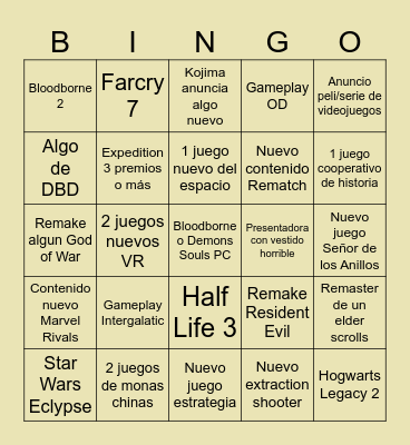 Game Awards 2025 Bingo Card