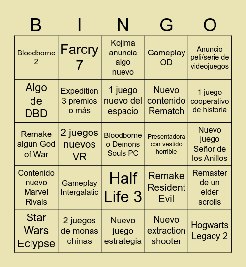 Game Awards 2025 Bingo Card