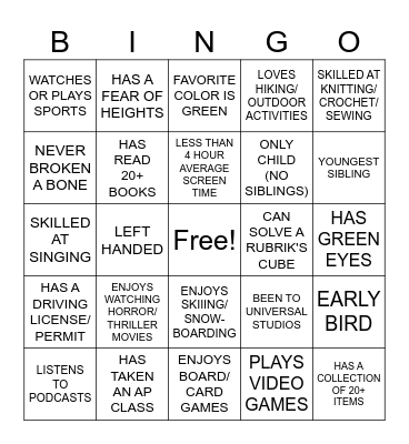 Getting to Know Us! Bingo Card