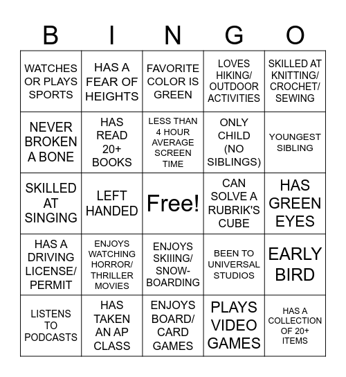 Getting to Know Us! Bingo Card