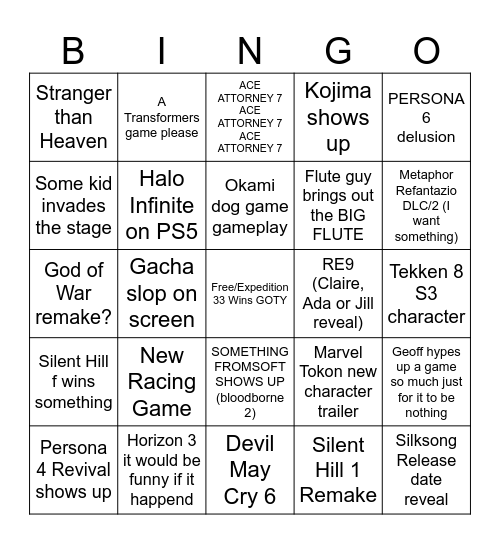 GAME AWARDS SHENANIGANS Bingo Card