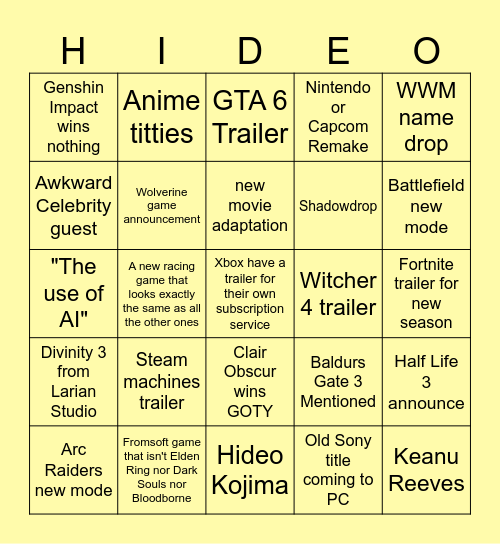 The Game Awards 2025 Bingo Card
