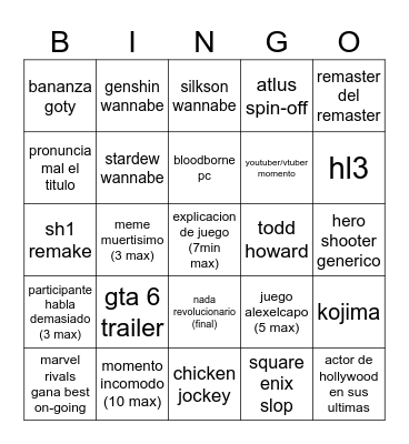 game awards 2025 cursed Bingo Card