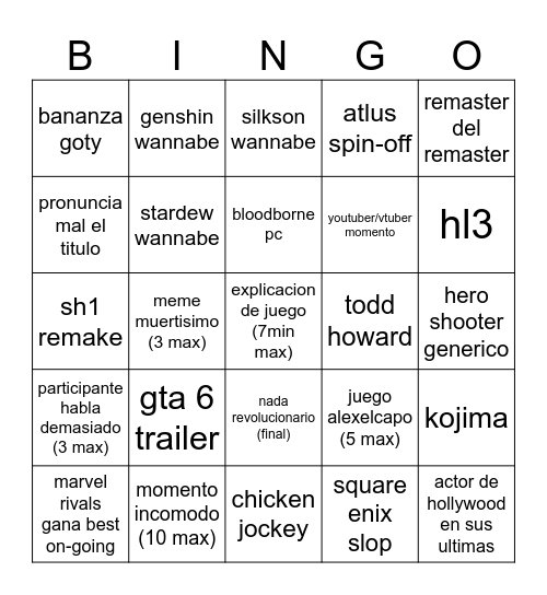 game awards 2025 cursed Bingo Card