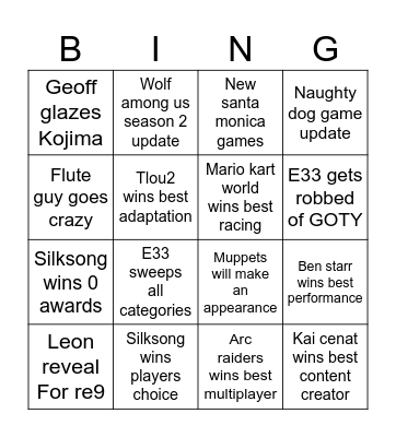 TGA Bingo Card