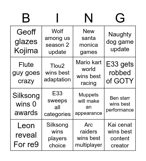 TGA Bingo Card