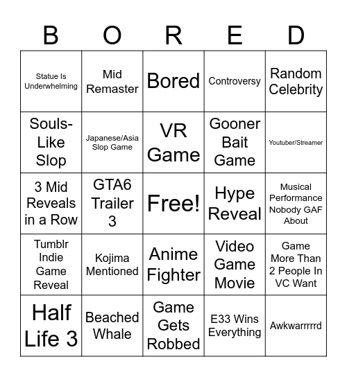 Game Awards Bingo Card