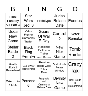 Game Awards 2025 Bingo Card