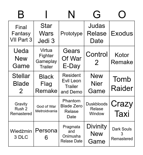 Game Awards 2025 Bingo Card