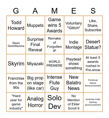 Game Awards Bingo Card