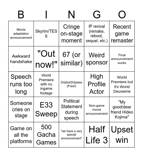TGA Bingo Card