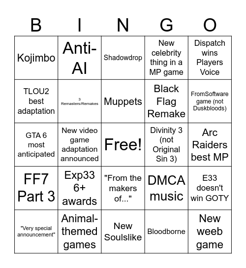 Game Awards 2025 Bingo Card