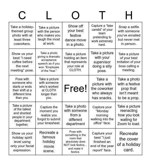 CLOTH Holiday Photo Bingo Card