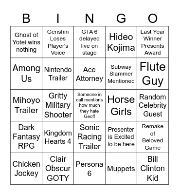 Game Awards 2K25 Bingo Card