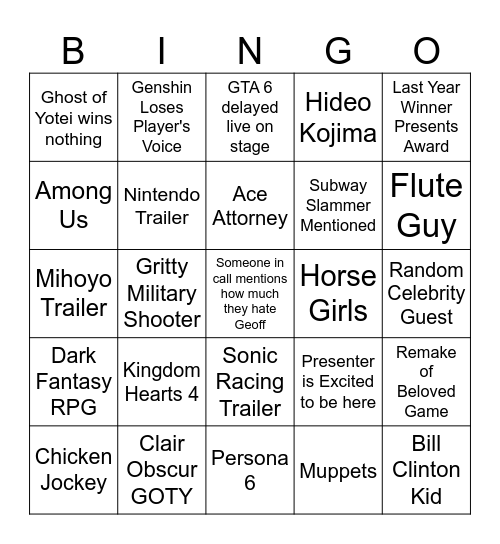 Game Awards 2K25 Bingo Card